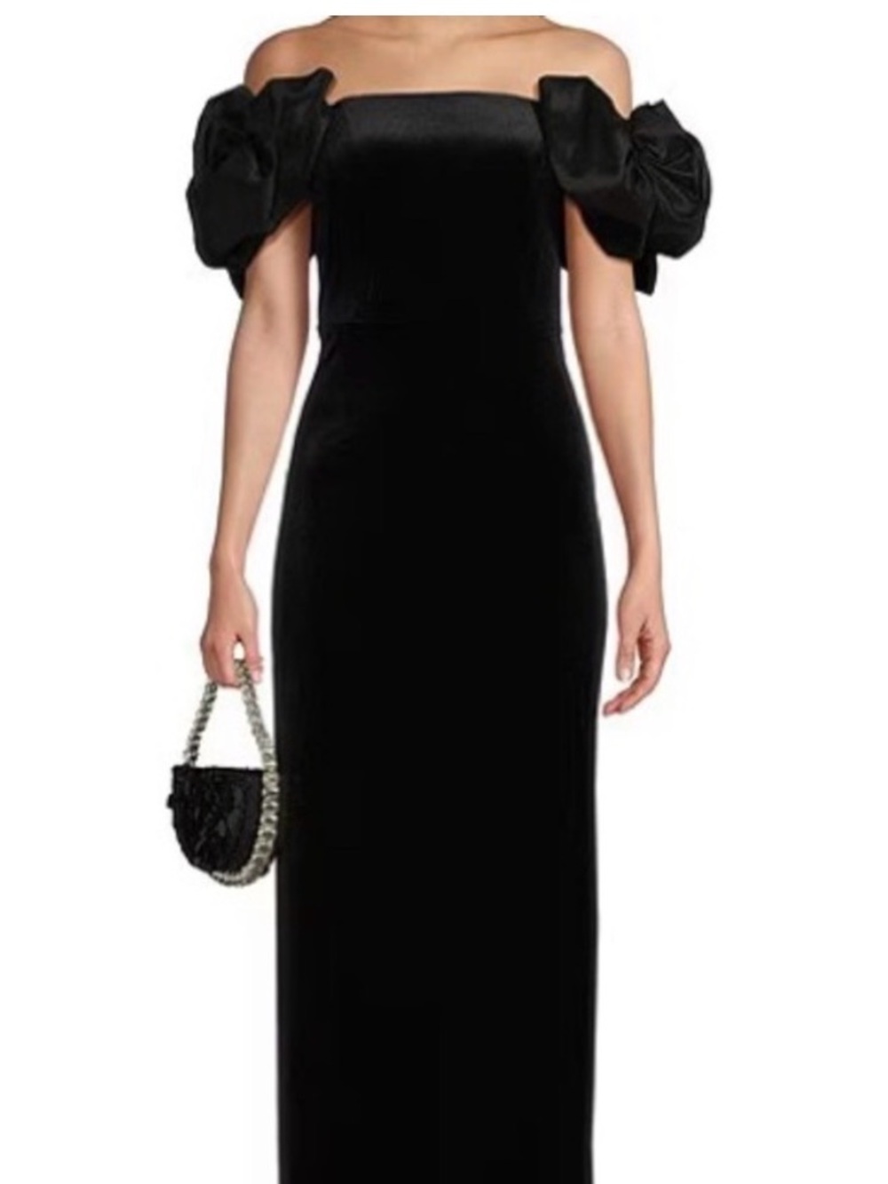 B Darlin Black Off-Shoulder Velvet Maxi Dress with Puff Sleeves